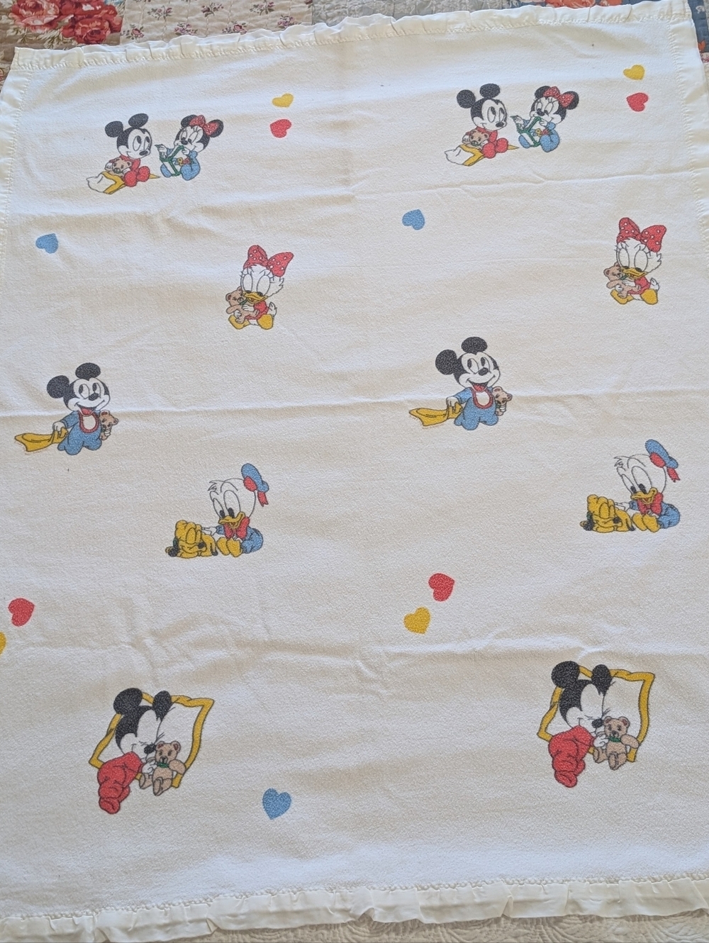 VTG Dundee Mickey Mouse Minnie Donald Duck Disney Cotton Baby Blanket Nylon Trim